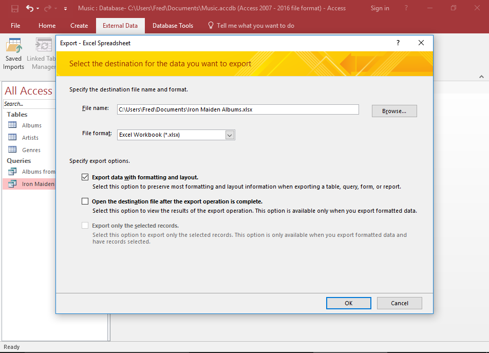 convertir Access en fichier Excel