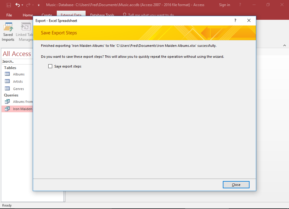 convertir Access en fichier Excel