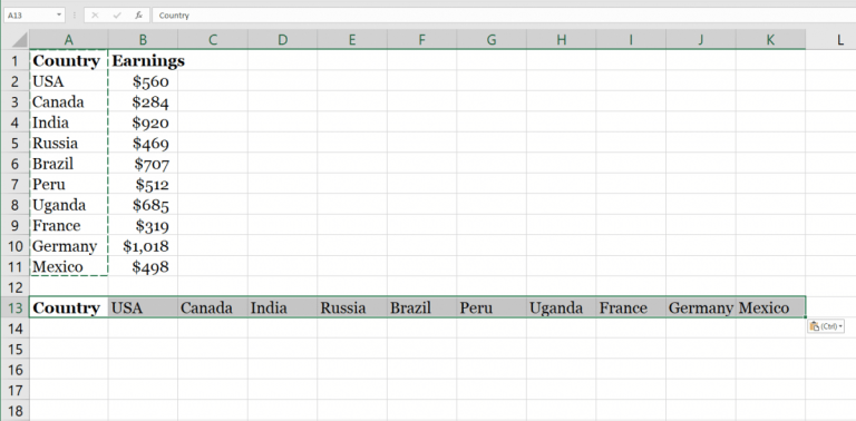Microsoft Excel Transpose ne fonctionne pas