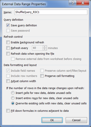 Propriétés de la plage de données externes