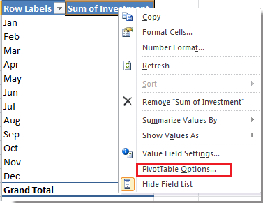 Options du PivotTable