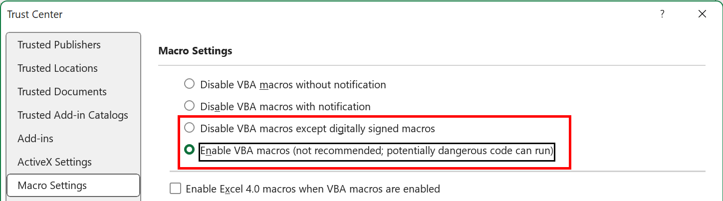 Les paramètres des macros Excel grisés