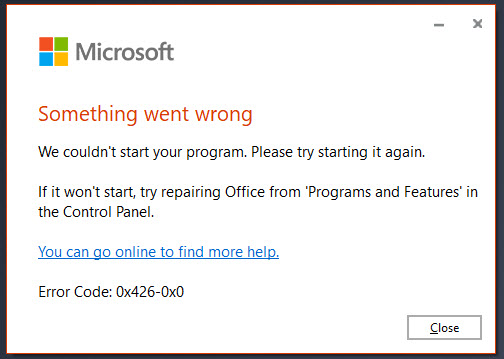 Microsoft Excel Code d'erreur 0x426 0x0