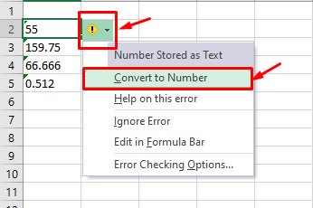 The number in this cell is formatted as text