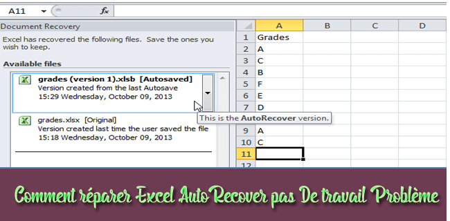 AutoRecover ne fonctionne pas erreur dans Excel,