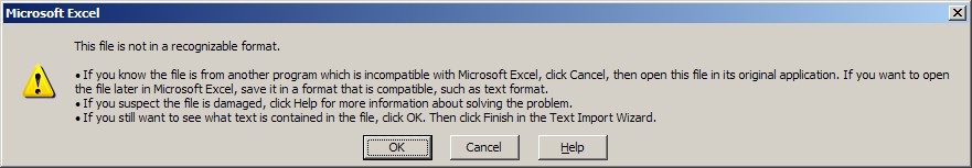 fichier Excel n'est pas dans une erreur de format reconnaissable