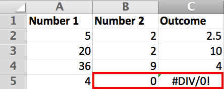 Erreur de formule Excel #DIV/0