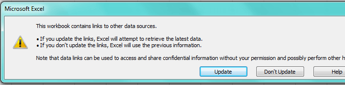 Désactiver le message d'erreur des liens de mise à jour Excel 1