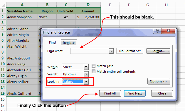 supprimer des blank Rangées dans Excel 7