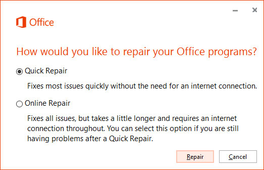 Réparer l'installation de MS Office 3