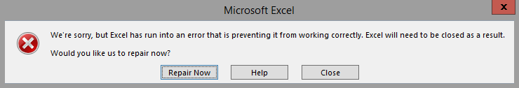 Nous sommes désolés, mais Excel has courir into an erreur qui l'empêche de fonctionner correctement