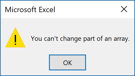 Excel vous ne pouvez pas changer Partie d'un array